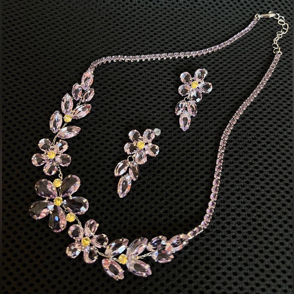 Lavender Floral Necklace Earrings Set Jewelry
